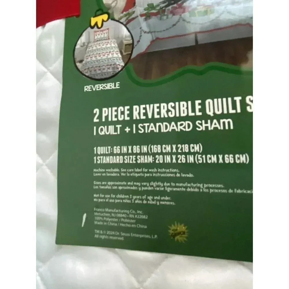 2 Piece Dr Seuss The Grinch Quilt Set TWIN Size Reversible Bedding Christmas NEW